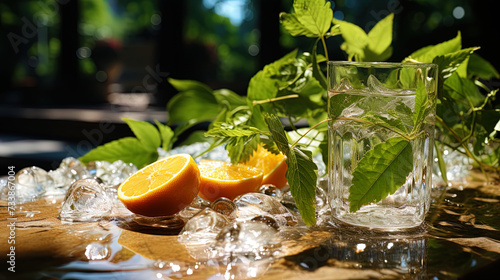 A photo of fresh Ice with a lemon circle and ice cubes, against the backdrop of a shady garden, cr