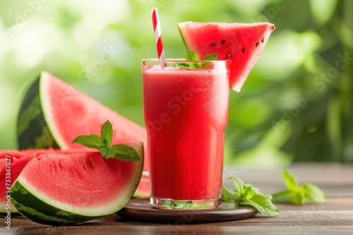 Front view of a dinking glass full of watermelon juice alongside a watermelon slice with mint leaves and two drinking straws. 