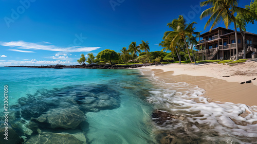 A picturesque view of the beach, where the ocean water plays with shades from turquoise to sapphir photo