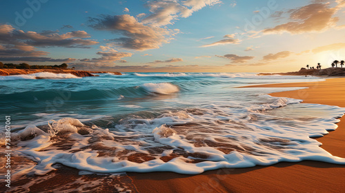 A picturesque beach on a warm sunny day, where pastel shades of sunset caress the horizo photo