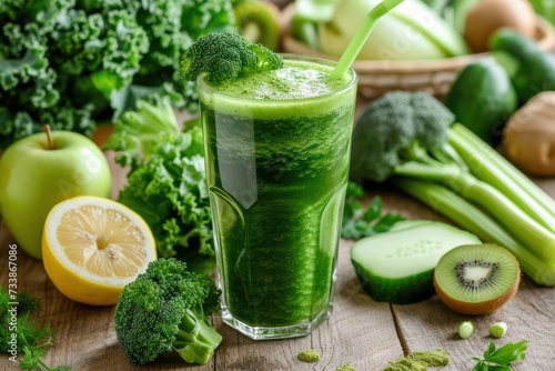 Front view of a drinking glass full of green detox juice with a drinking straw surrounded by various kinds of green fruits and vegetables 