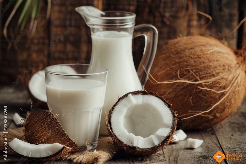 Front view of a jug and a drinking glass full of coconut milk. Front view of a jug and a drinking glass full of coconut milk.