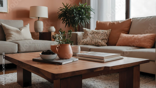 A living room with minimal design, emphasizing a close-up of a wooden coffee table near a sofa, accented by trendy peach hues.