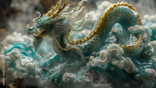 Chinese folklore Dragon suitable for Chinese New Year. Decorative colorful background. Translucent glass, turquoise and golden style aesthetics.