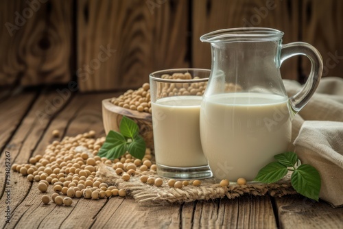 Front view of a jug and a drinking glass full of soy milk. 