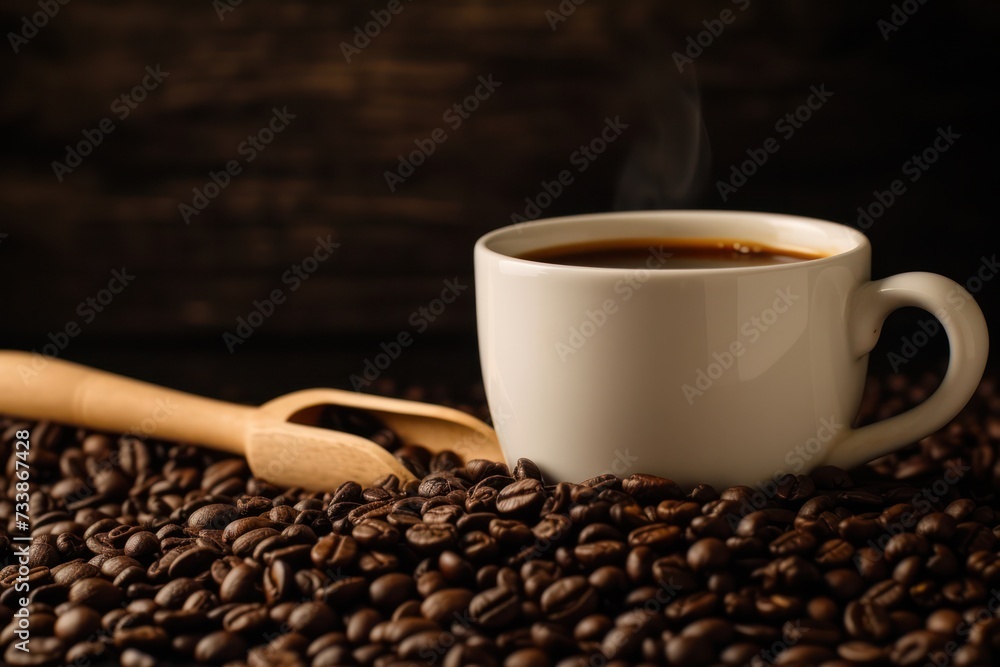 Front view of a withe cup filled with hot coffee surrounded by roasted coffee beans. Front view of a withe cup filled with hot coffee surrounded by roasted coffee beans.