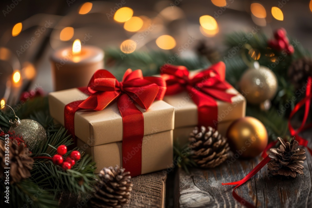 Front view of two golden christmas gift boxes tied with red ribbons surrounded by christmas decoration 