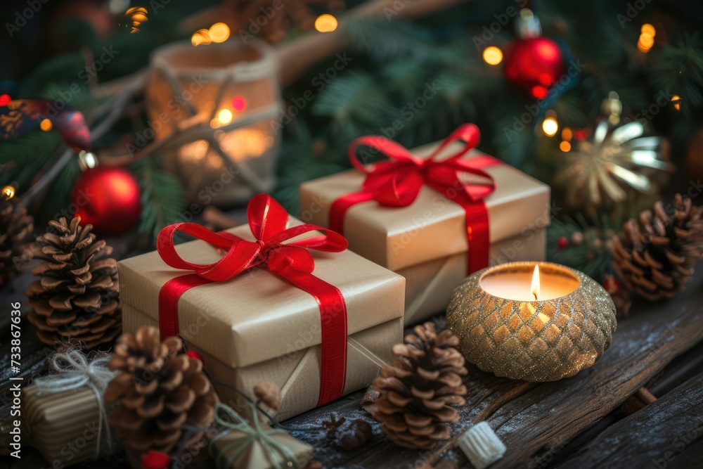 Front view of two golden christmas gift boxes tied with red ribbons surrounded by christmas decoration 