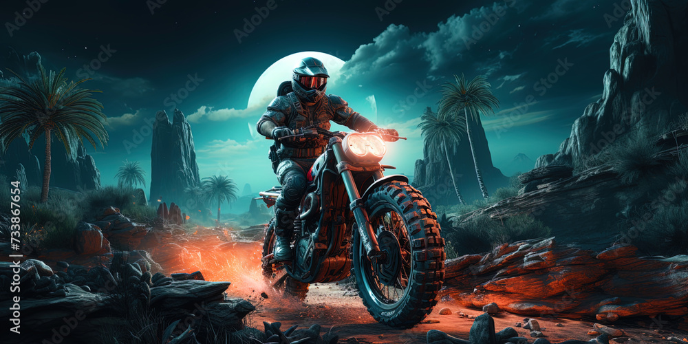 Obraz premium A real raider, flying on his neon bike into desert night spaces, as if on a luminous wave of freed