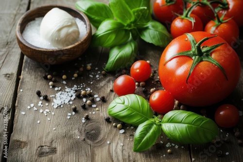 Front view of some ingredients for preparing a caprese salad like a whole tomato, a mozzarella cheese, basil leaves, salt and pepper on a rustic wooden table.