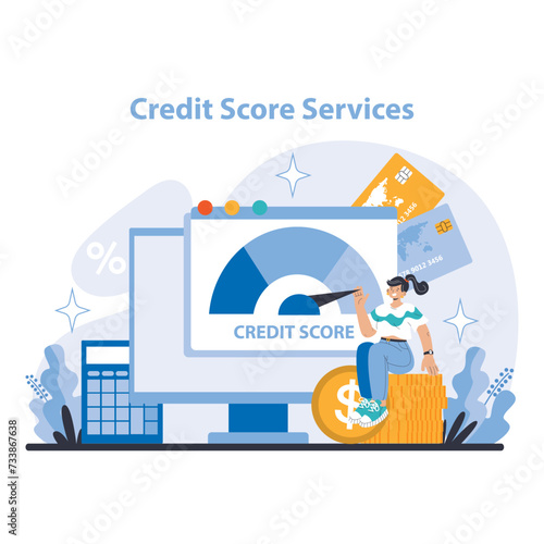 Credit Score Services Concept. Monitoring and improving financial health with credit score analysis. Key to better loan terms and opportunities. Flat vector illustration.