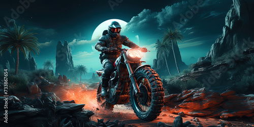 Fotografiet A real raider, flying on his neon bike into desert night spaces, as if on a lumi