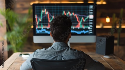 Rear view of young businessman sitting at desk in office and looking at computer monitor with stock market data © ffunn