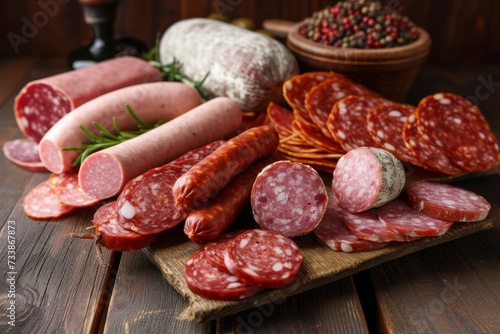 Front view of various kinds of raw sausages like mortadella, bacon, salami, ham and pickled sausages on a delicatessen concept background.