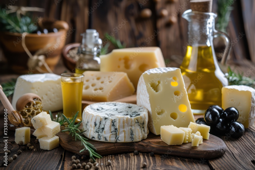 Front view of various types of cheese like Emmental cheese, cottage