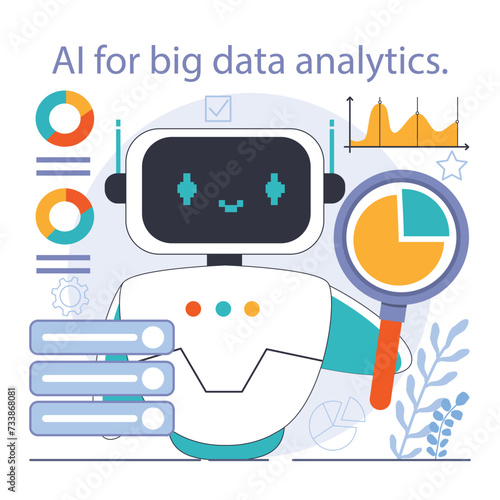 Ai integration. Artificial intelligence and human synergy. Neural network assistance and robotization of life. Self-learning computing system processing big data. Flat vector illustration