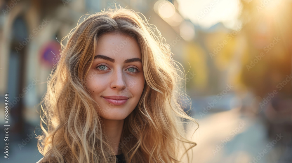 Fototapeta premium Portrait of a woman. Young girl with long hair. Closeup of happy confident young woman with long hair and freckles wears casual clothes and looks directly in camera