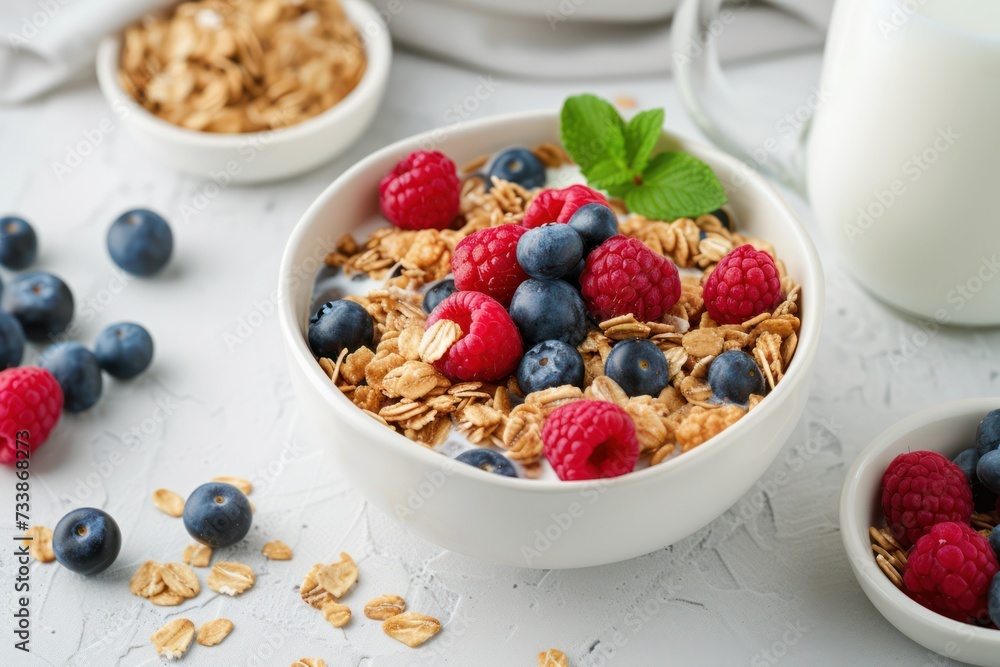 High angle view of a bowl full of breakfast cereal, raspberries and blueberries alongside a jug full of milk. High angle view of a bowl full of breakfast cereal, raspberries and blueberries alongside a jug full of milk.
