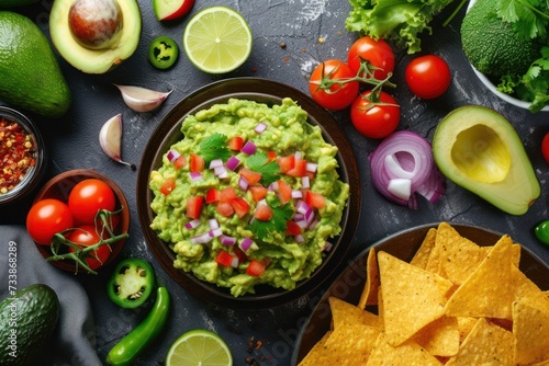 High angle view of a bowl full of a homemade guacamole surrounded by the ingredientes for making the dipping sauce 