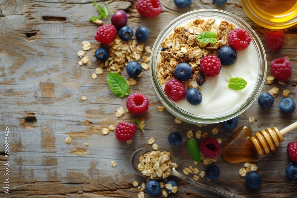 High angle view of a drinking glass full of greek yogurt, granola and berry fruits High angle view of a drinking glass full of greek yogurt, granola and berry fruits