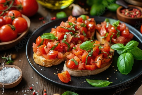 High angle view of a homemade Italian bruschetta made with cherry tomatoes, basil, olive oil, garlic and salt disposed on a black plate 