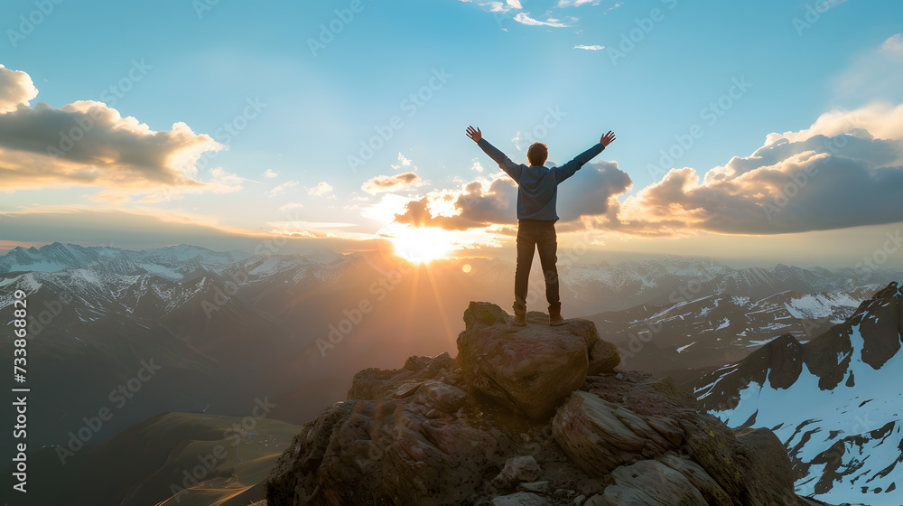 Man standing on top of a mountain with his arms raised Man standing on top of a mountain with his arms raised