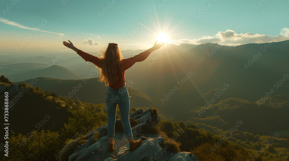 Woman standing on top of a mountain with his arms raised Woman standing on top of a mountain with his arms raised