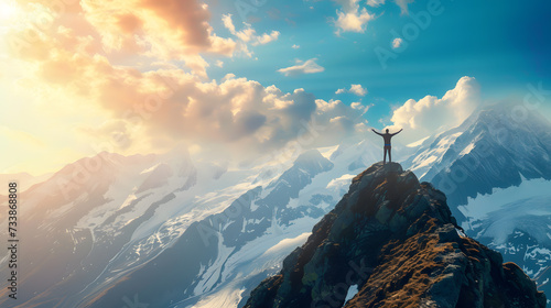 Man standing on top of a mountain with his arms raised