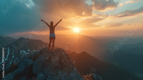 Woman standing on top of a mountain with his arms raised
