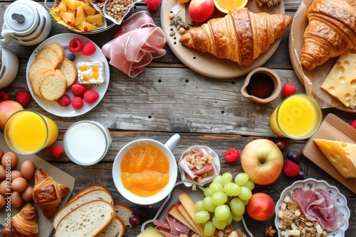 Wallpaper Mural High angle view of a wooden table full of breakfast food like croissants, corn flakes, a coffee cup, marmalade, some fruits, an orange juice and a milk Torontodigital.ca
