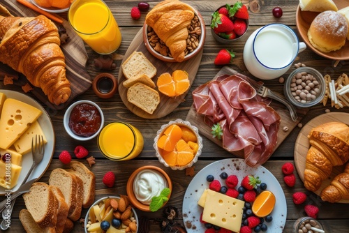 High angle view of a wooden table full of breakfast food like croissants, corn flakes, a coffee cup, marmalade, some fruits, an orange juice and a milk