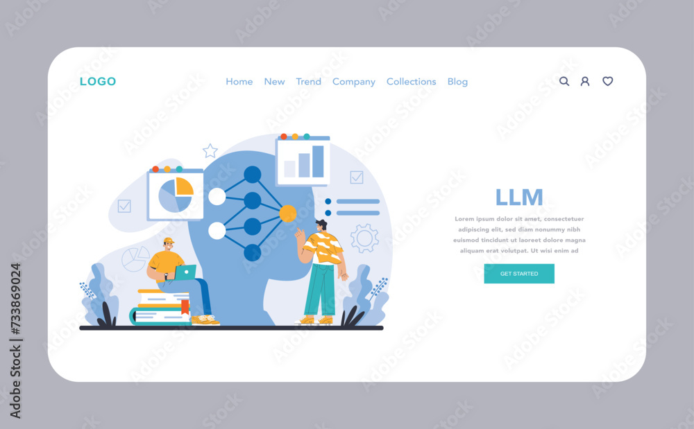 LLM web or landing page. Visualizing the intricate network of large language model capabilities. Enhances data analysis and decision-making. Flat vector illustration. LLM web or landing page. Visualizing the intricate network of large language model capabilities. Enhances data analysis and decision-making. Flat vector illustration.
