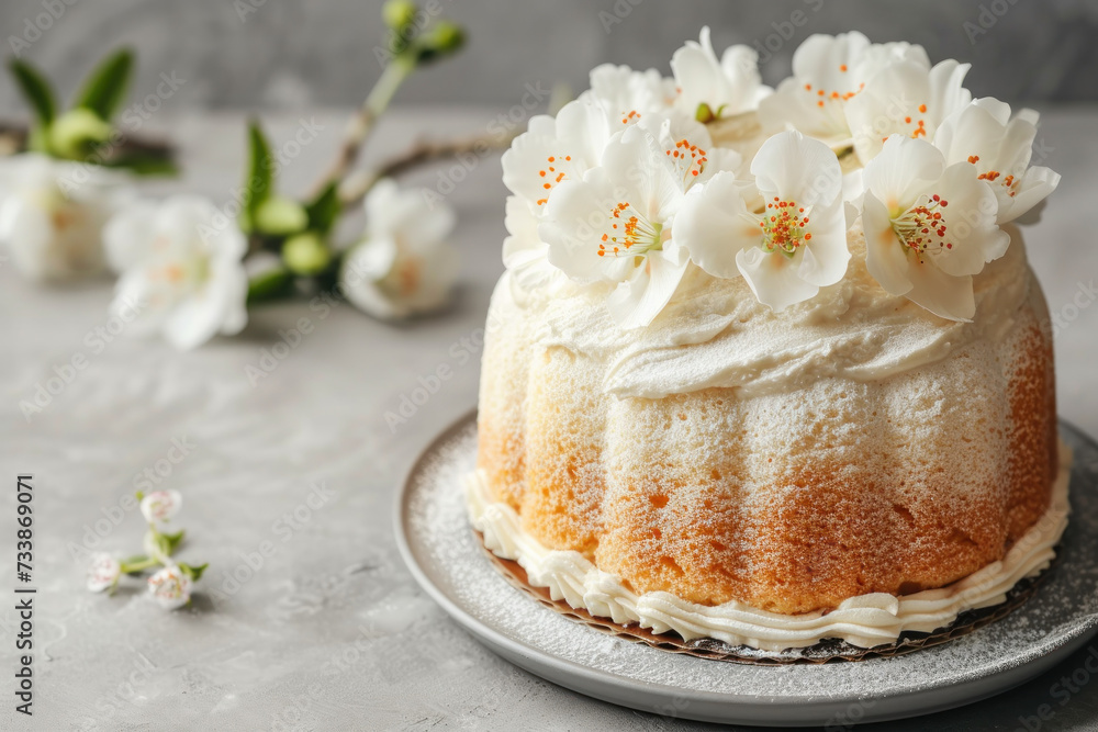 Chiffon Cake With White Frosting and Flowers on a Plate Chiffon Cake With White Frosting and Flowers on a Plate