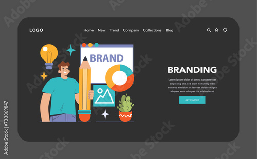 Branding dark or night mode web, landing. Marketing developing a brand identity, using creativity and precision. Insightful ideas, visual strategy, cohesive design. Vibrant color theory. Flat vector