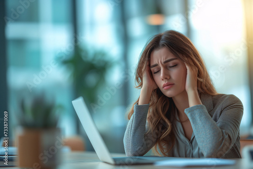 Free Download A young female professional experiences stress while working on her laptop in a modern office setting. - GFXLoad