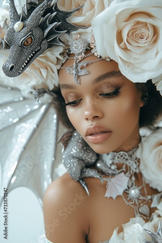 Exquisite fantasy-themed portrait of a woman adorned with dragon-inspired accessories photo