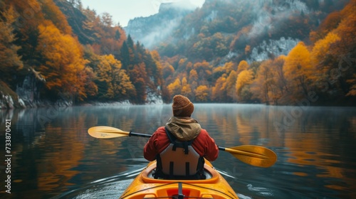 Kayaking in Autumn's Serenity - Tranquil Lake Adventures, adult, solo traveler, kayaking, serene lake, autumn tranquility, exploration, restorative trips, nature, sunny autumn palette © Manyapha