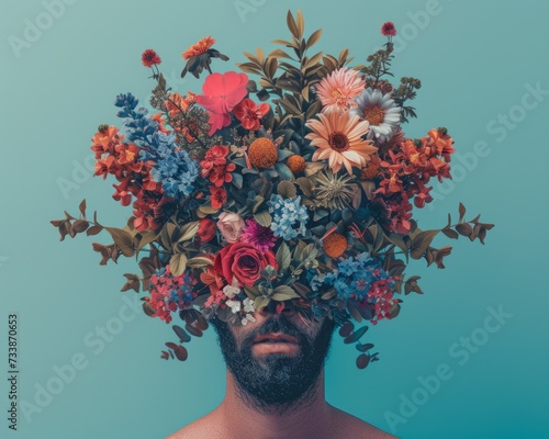 A man's head is replaced by a vibrant and colorful floral arrangement in this creative portrait © Glittering Humanity