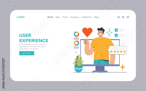 Satisfied user gives thumbs-up beside monitor showcasing performance metrics. Stellar reviews and positive feedback reflect superior user experience. Tailored UX design in focus. vector illustration