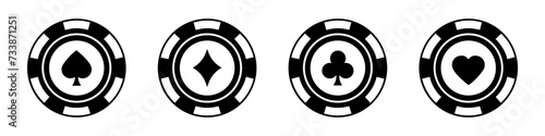 Poker chips black icons vector set. Flat poker symbols with spades, hearts, diamonds, clubs. Isolated Casino poker chip logo. Vector EPS 10