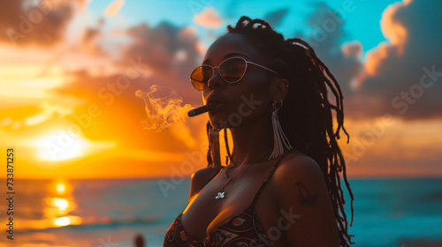 Portrait of Afro American woman in bikini, smoking cigar, enjoy. Afro-Colombian reggae summer theme, sunset. Beach ocean view. 