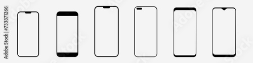 Set of vector modern phones with blank screen on isolated background. Phone mockup in front. Mobile phone, app, ui, ux. Vector EPS 10