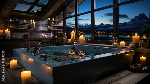 Spa zone in a bathroom with a jacuzzi and candles for relaxatio photo