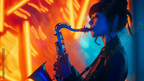 Young beautiful Chinese woman playing saxophone, neon lights in the background. Minimalistic, close up portraits. 