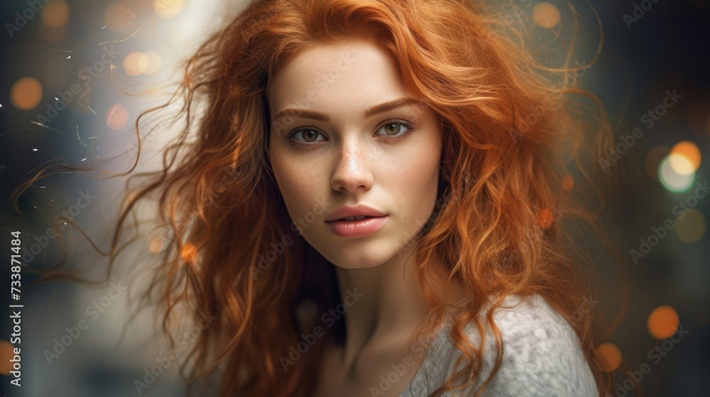 Beautiful young woman with red hair. Portrait on a blurred background