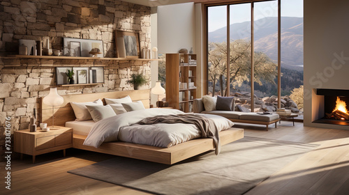 The bedroom in the Scandinavian style with a spacious bed and natural materi