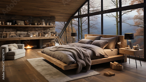 The bedroom in the Scandinavian style with a spacious bed and natural mater