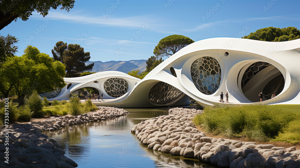 The bridge landscape: the structure of the bridge, enveloping natural forms, creates paintings of - obrazy, fototapety, plakaty 