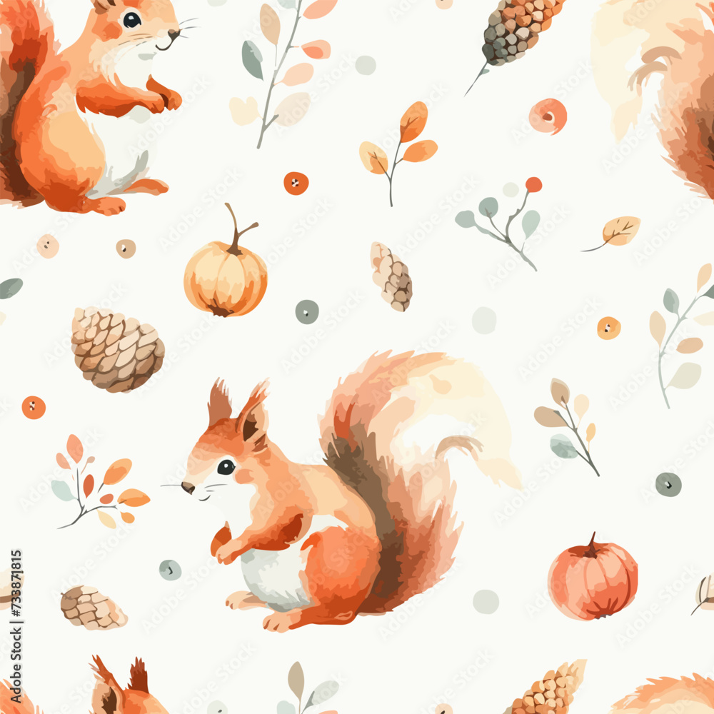 Seamless pattern with cute squirrel. Hand Drawn vector illustration