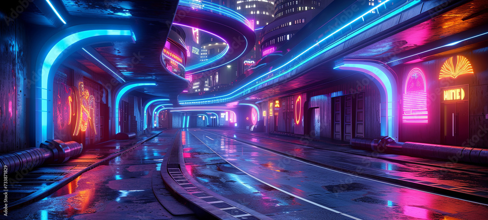 A neon-lit, cyberpunk-inspired cityscape at night, showcasing a grunge aesthetic. The perspective reveals winding roads amidst towering buildings adorned with vibrant lights.